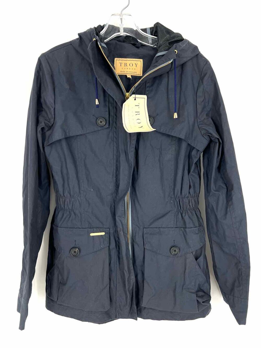 Troy Size 8 Navy Hooded Buttons NEW Designer Jacket